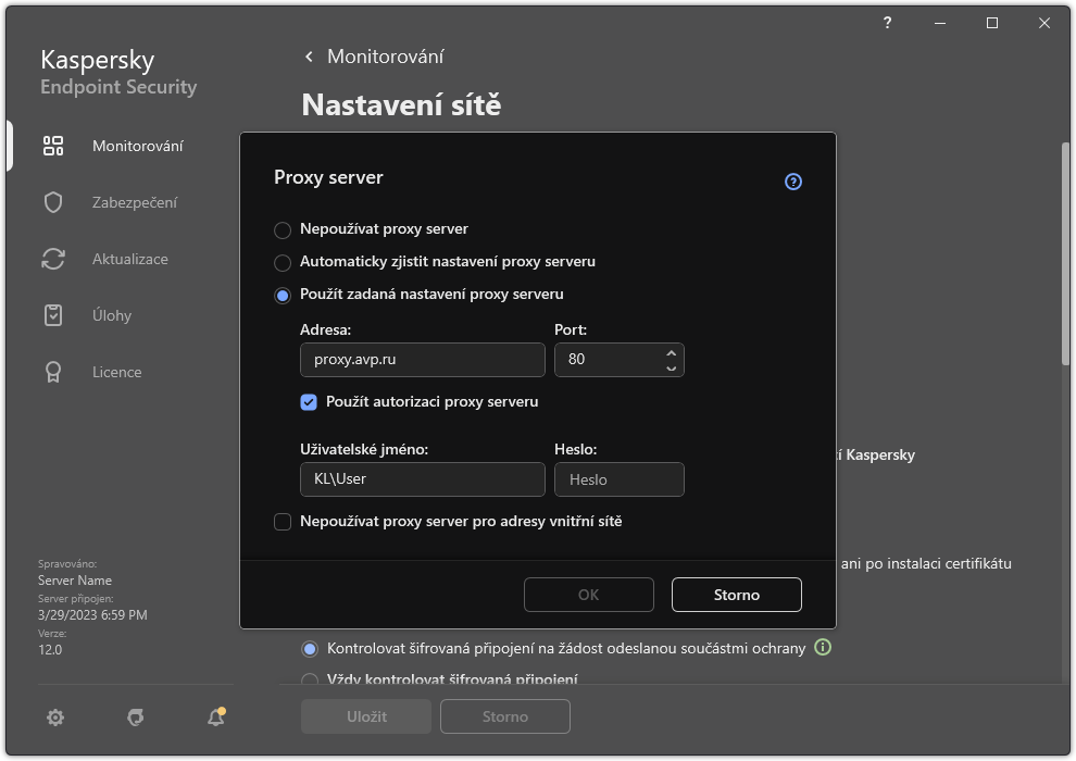 Okno pro konfiguraci připojení k proxy serveru. Uživatel může nastavit adresu proxy serveru a přihlašovací údaje pro připojení k proxy serveru.