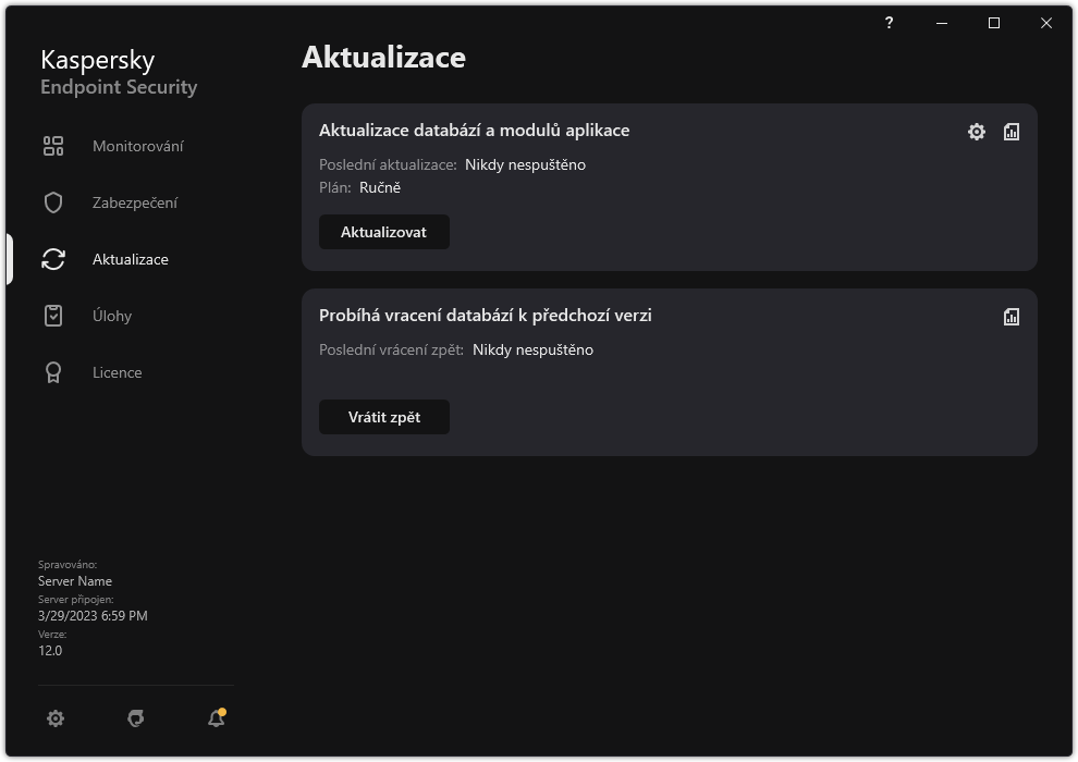 Okno se seznamem úloh místní aktualizace. Uživatel může spustit aktualizaci databází a modulů aplikace nebo vrátit poslední aktualizaci.
