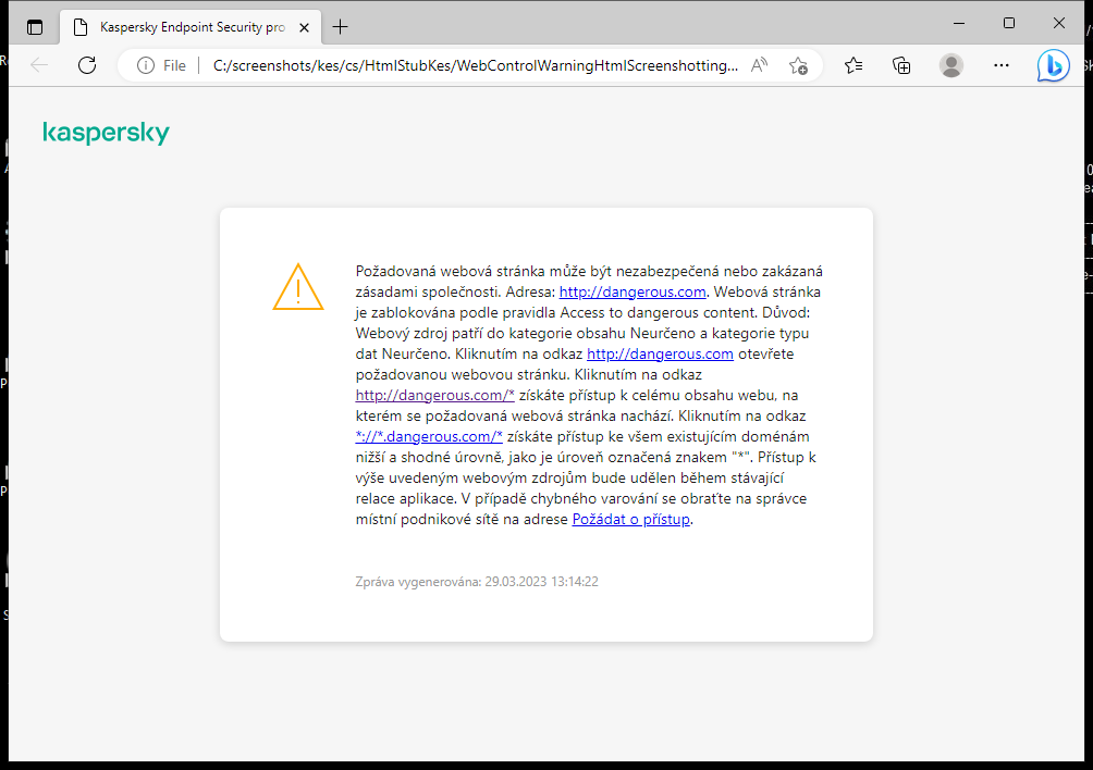 Upozornění aplikace Kaspersky na návštěvu potenciálně nezabezpečené webové stránky v okně prohlížeče. Uživatel může vytvořit požadavek na přístup k webovému prostředku.