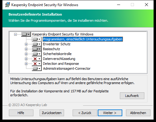 Fenster des Installationsprogramms mit einer Liste der Komponenten, die der Benutzer auswählen kann.