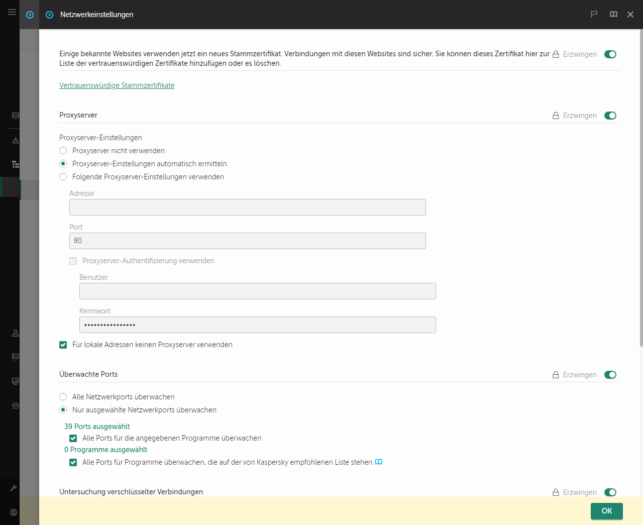 Fenster mit den Netzwerkeinstellungen für die App. Der Benutzer kann die Proxyserver-Einstellungen konfigurieren.