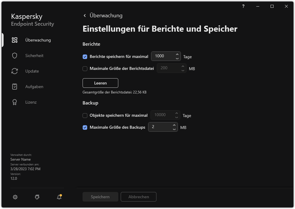 Fenster mit Einstellungen für „Berichte und Speicher“. Der Benutzer kann die Größe von Berichten und Objekten festlegen und die Speicherdauer in der Datenverwaltung begrenzen.