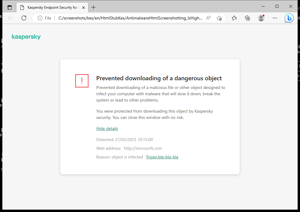 Kaspersky notification about preventing malicious object from loading in the browser window.