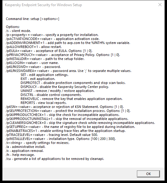 Tooltip window describing the command options to install the application via CMD.