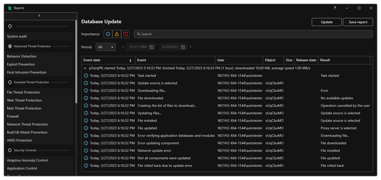 A window with the list of events in the report. The user can filter/sort events and save reports to a file.