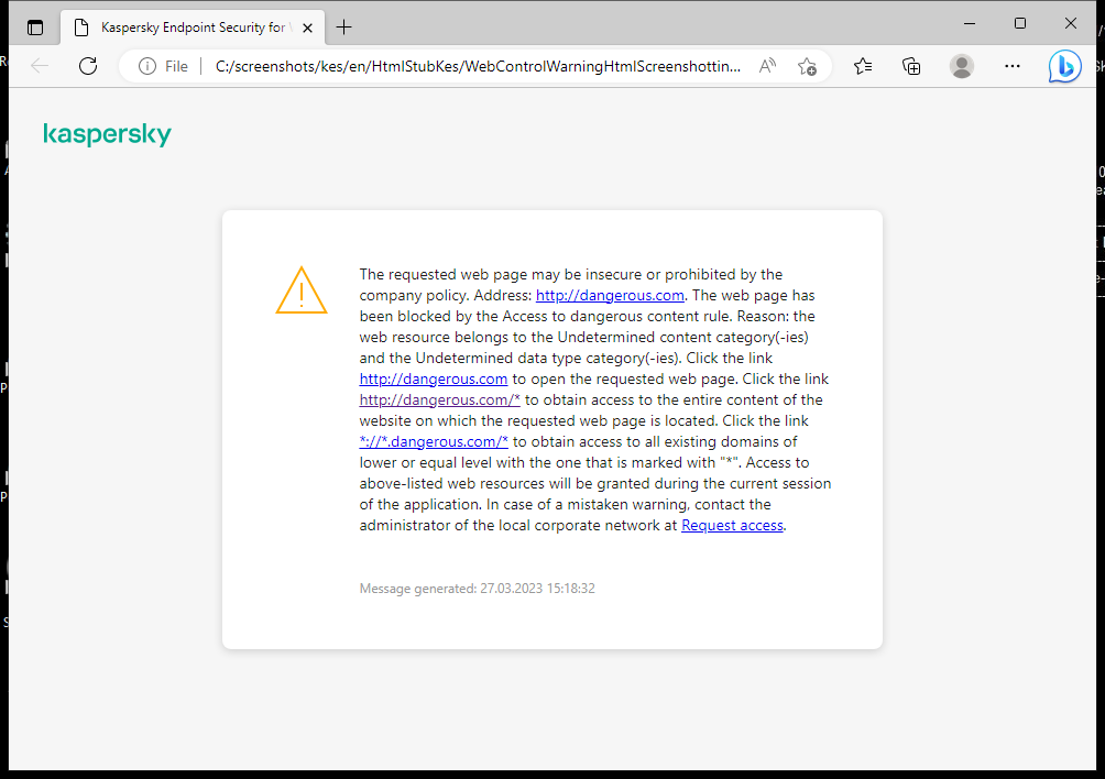 Kaspersky notification about visiting a possibly insecure web page in the browser window. The user can create a request to access the web resource.