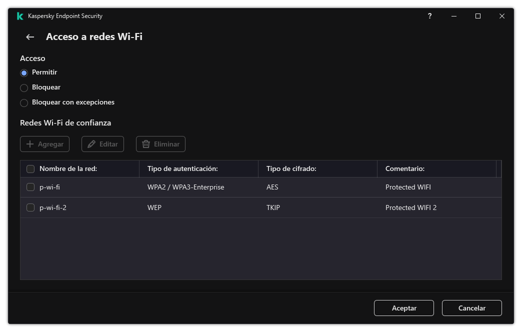 Una ventana con la lista de redes Wi-Fi. El usuario puede configurar el acceso a todas las redes Wi-Fi y agregar redes Wi-Fi de confianza.