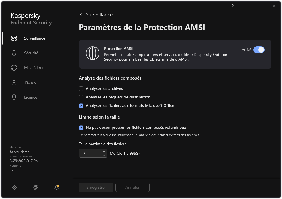 Fenetre des paramètres de protection AMSI.