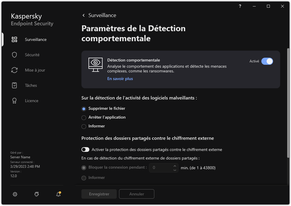 Fenêtre des paramètres de la Détection comportementale