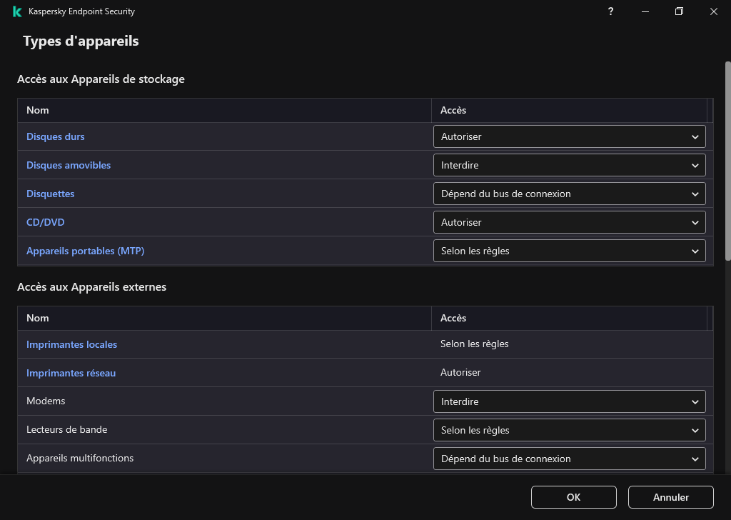 Fenêtre de configuration de l'accès aux appareils. L'utilisateur peut configurer l'accès aux appareils et définir des paramètres d'accès supplémentaires, tels que le calendrier d'accès.