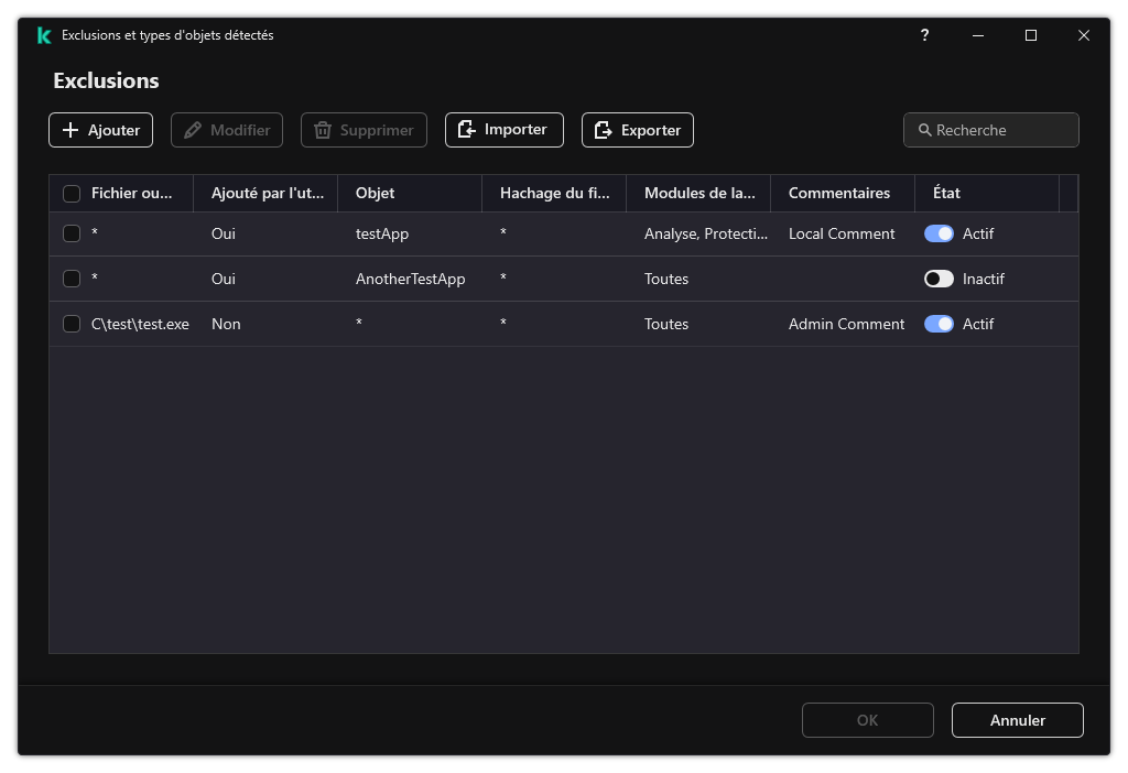 Une fenêtre avec la liste des exclusions. Les propriétés d'exclusion sont affichées. L'utilisateur peut ajouter, modifier ou supprimer des exclusions.