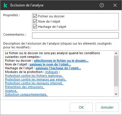 Une fenêtre avec des outils de sélection d'exclusion. L'utilisateur peut sélectionner un fichier ou un dossier, saisir un nom d'objet ou un hachage.