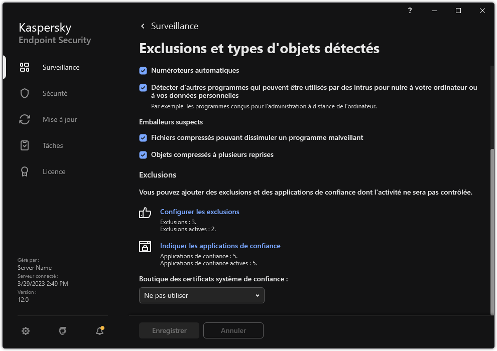 Fenêtre des paramètres d'exclusion. L'utilisateur peut ajouter des exclusions et des applications de confiance.