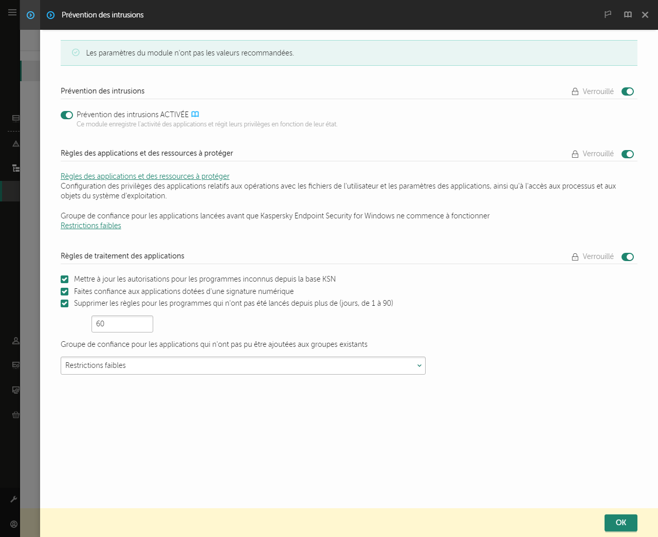 Fenêtre des paramètres de la Prévention des intrusions