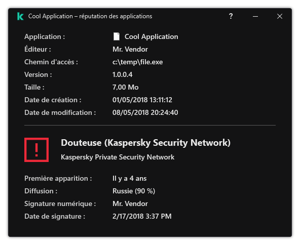 La fenêtre contient des informations sur la réputation du fichier et d'autres données, comme la présence d'une signature numérique.