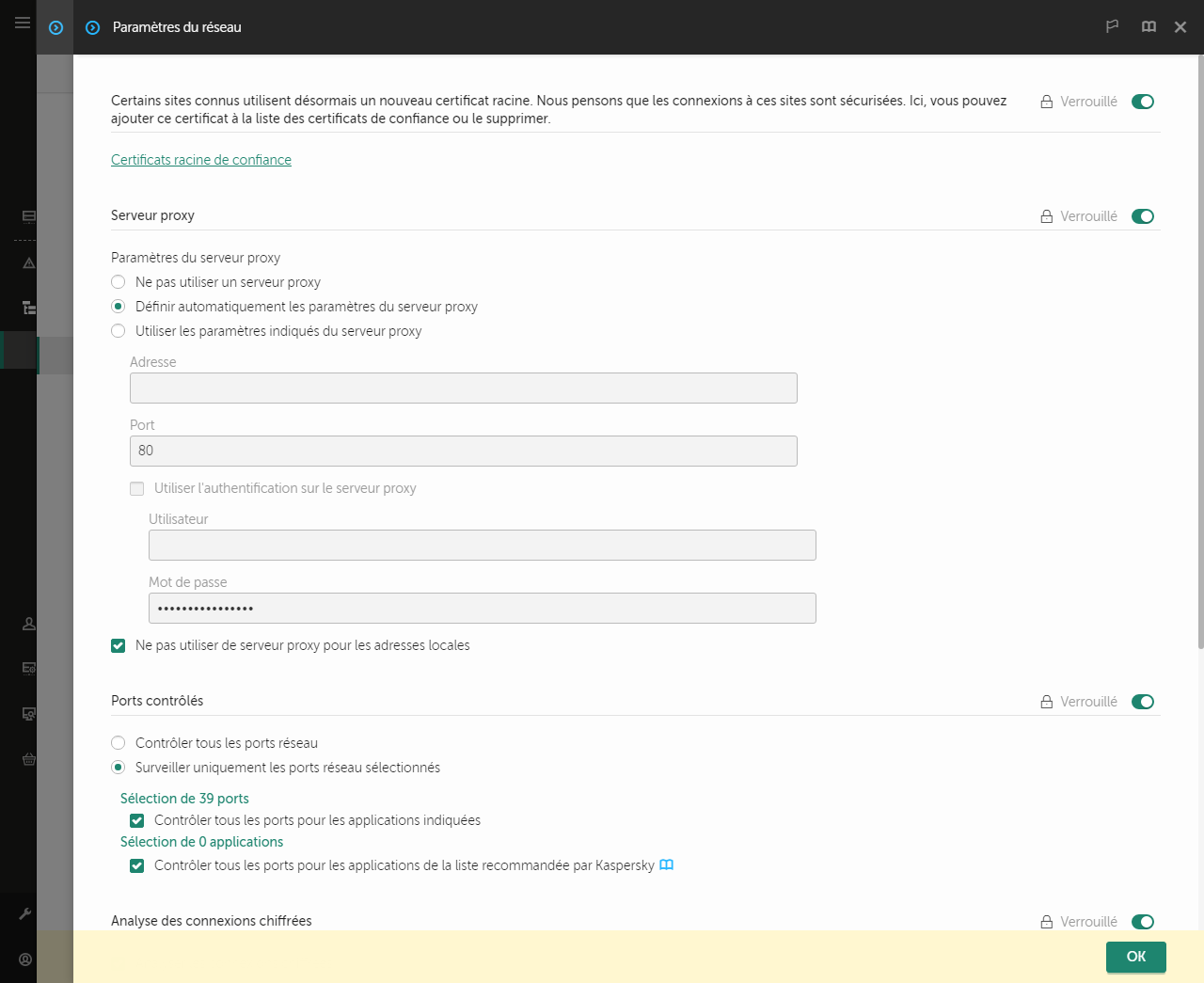 Fenêtre des paramètres réseau des applications. L'utilisateur peut configurer les paramètres du serveur proxy.