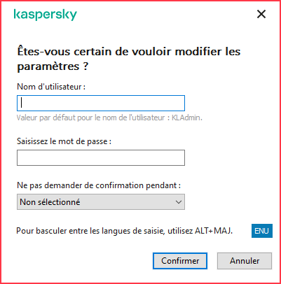 La fenêtre contient des champs pour saisir le nom d'utilisateur et le mot de passe. L'utilisateur peut sélectionner une période pendant laquelle l'application ne demande pas de mot de passe.
