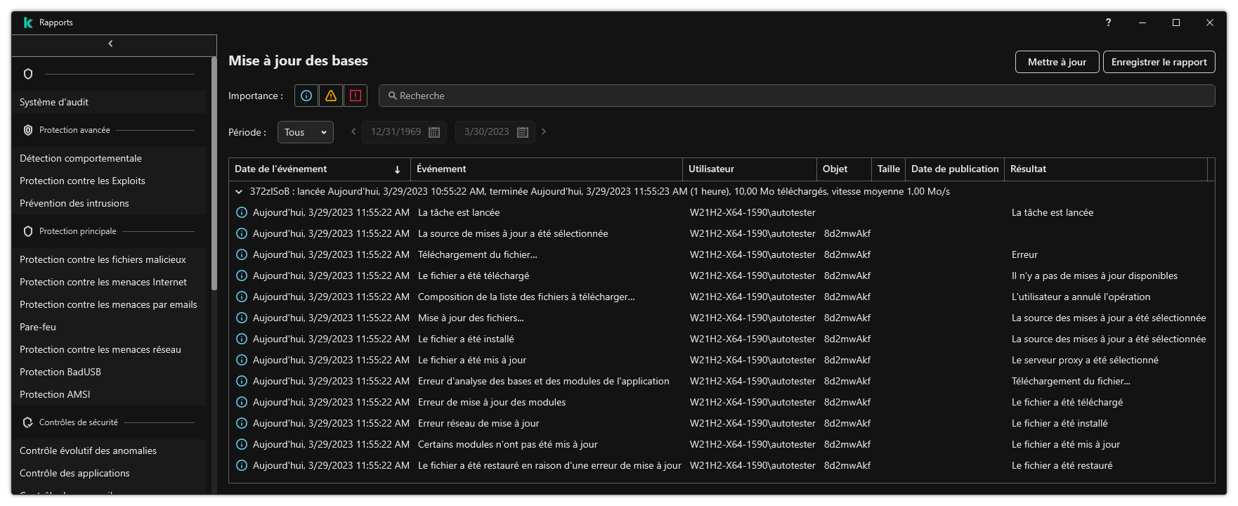 Une fenêtre avec la liste des événements dans le rapport. L'utilisateur peut filtrer/trier les événements et enregistrer les rapports dans un fichier.