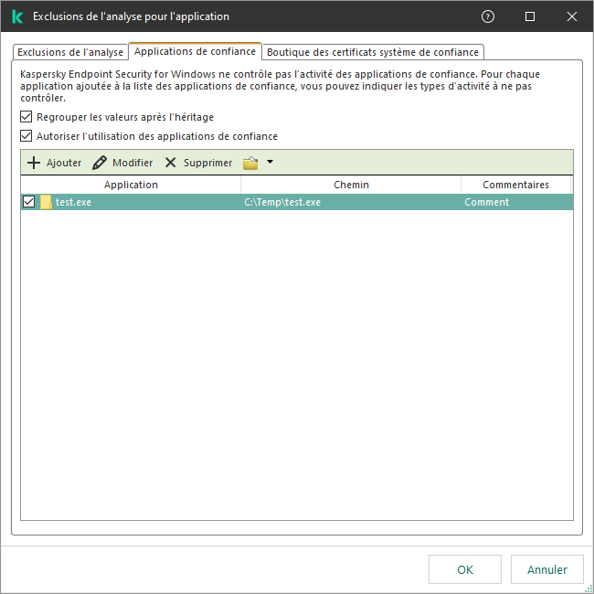 Une fenêtre avec la liste des applications de confiance. L'utilisateur peut ajouter, modifier ou supprimer une application de confiance.