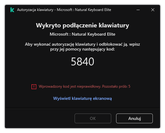Okno z kodem autoryzacyjnym klawiatury. Użytkownik może aktywować klawiaturę ekranową i wprowadzić kod.