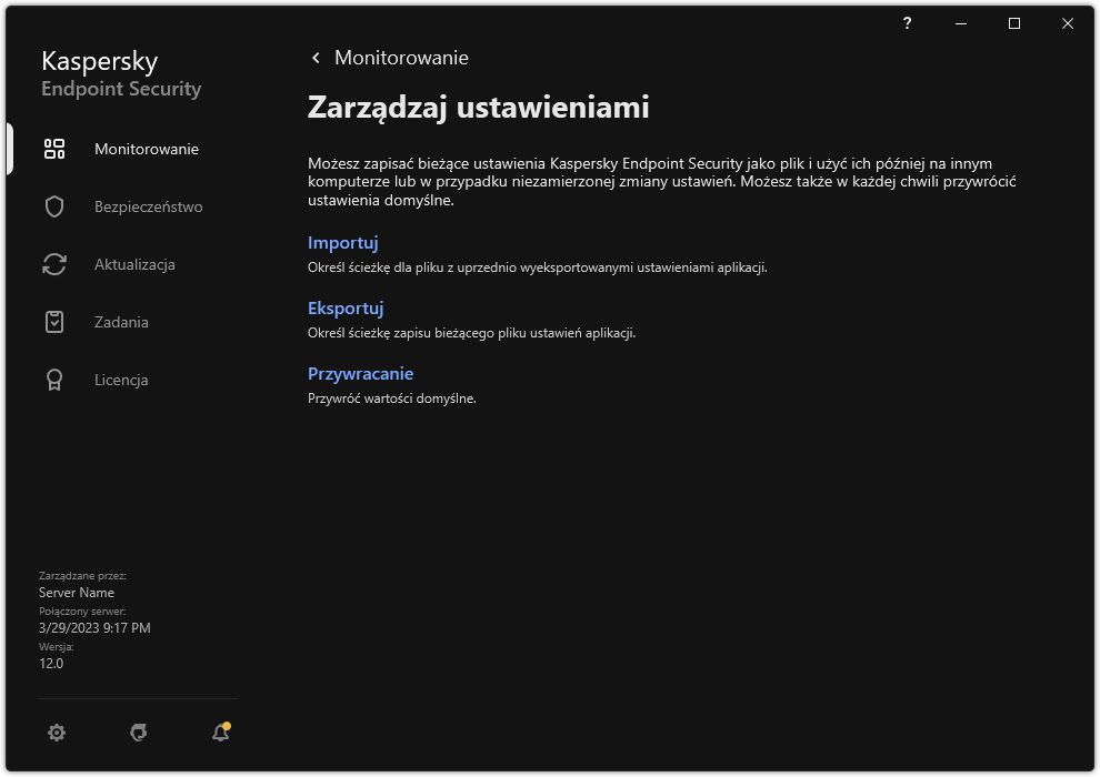 Okno ustawień wykluczeń. Użytkownik może eksportować, importować lub przywracać ustawienia aplikacji.