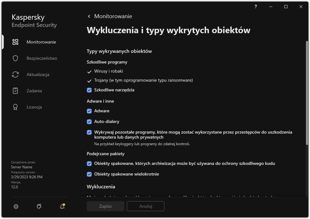 Okno ustawień wykluczeń. Użytkownik może wybrać typy wykrywanych obiektów oraz dodawać obiekty do wykluczeń.