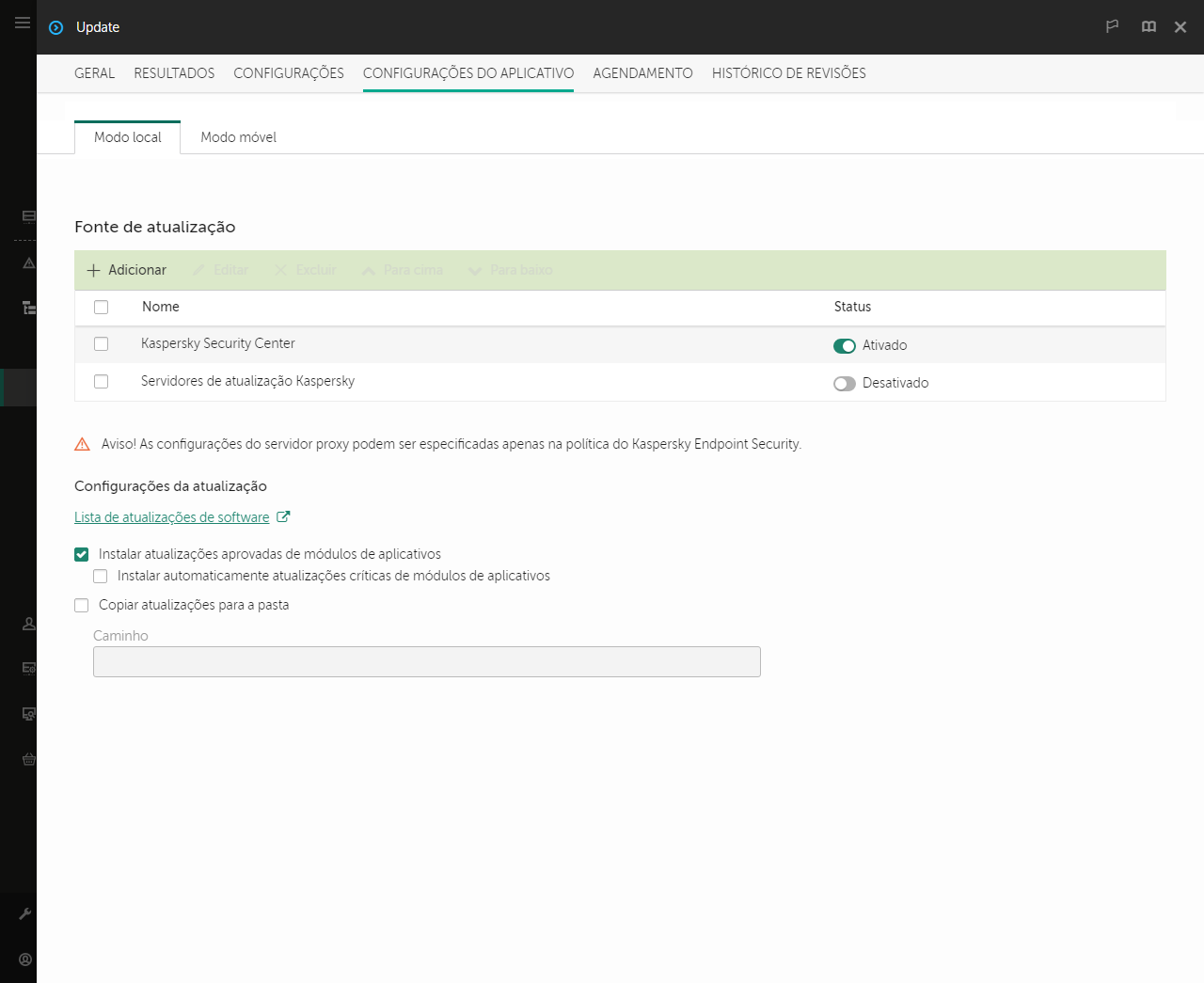 Uma janela com a lista de fontes de atualização. O usuário pode adicionar fontes de atualização e atribuir uma prioridade à fonte.