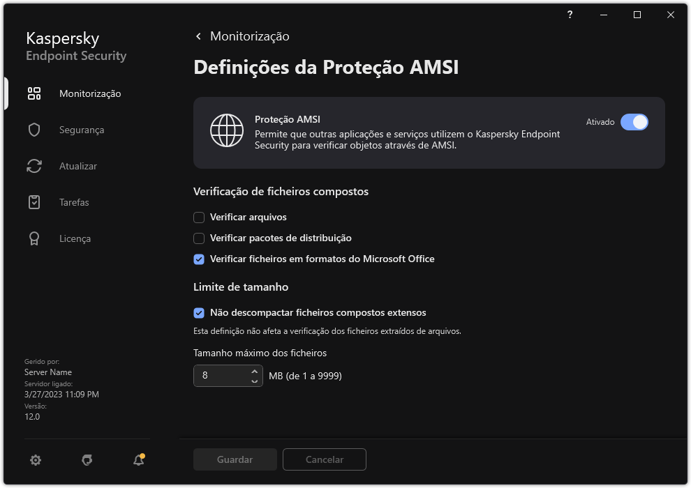 Janela de definições de Proteção AMSI.