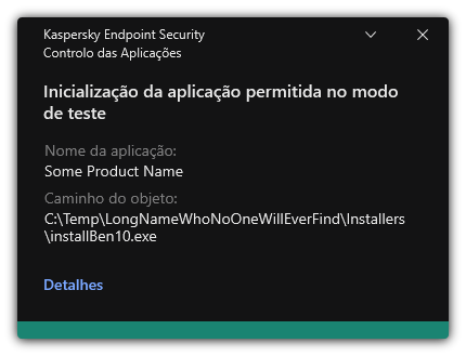 Notificação de que a inicialização da aplicação é permitida no modo de teste. O utilizador pode ver informações detalhadas sobre a regra.