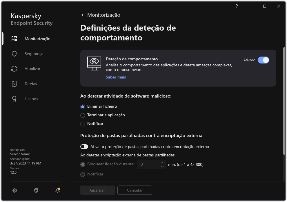 Janela de definições de Deteção de comportamento.