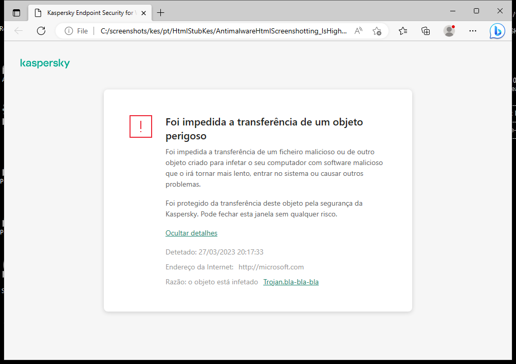 Notificação da Kaspersky sobre como impedir que objetos maliciosos sejam carregados na janela do navegador.