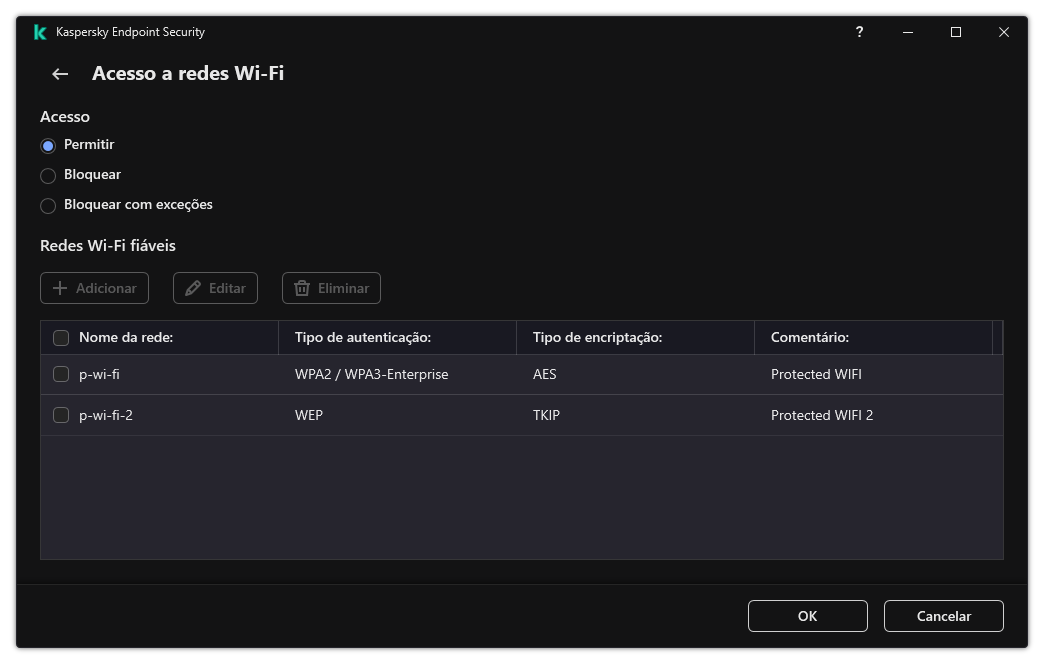 Uma janela com a lista de redes Wi-Fi. O utilizador pode configurar o acesso a todas as redes Wi-Fi e adicionar redes Wi-Fi fiáveis.