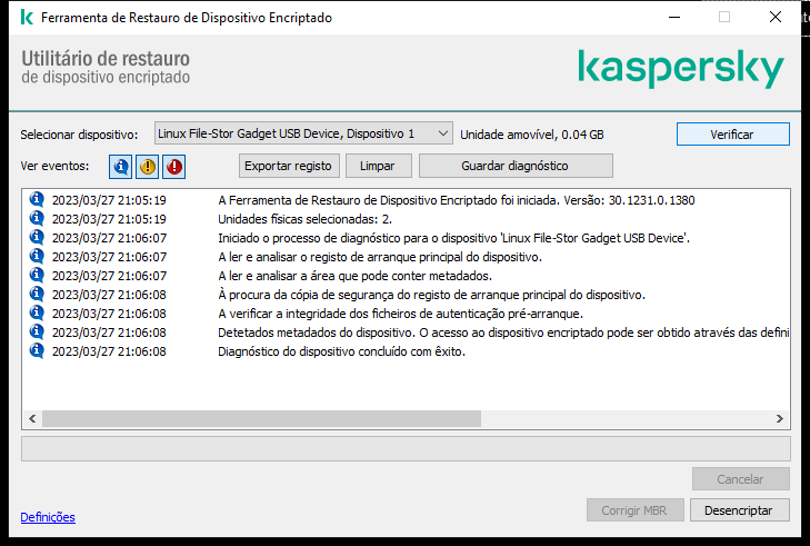 Uma janela com a lista de eventos do utilitário. O utilizador pode executar diagnósticos e desencriptar o dispositivo selecionado.