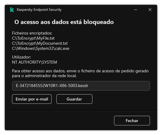 Uma janela com um ficheiro de pedido para aceder a dados encriptados. O utilizador pode guardar o ficheiro gerado no disco ou enviá-lo por e-mail.