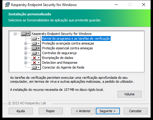 Janela de instalação com uma lista de componentes que um utilizador pode selecionar.
