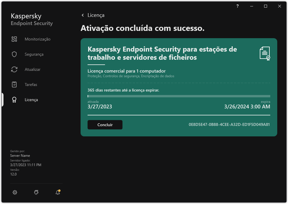 A janela contém informações sobre a licença: data de validade, funções disponíveis e outras informações.
