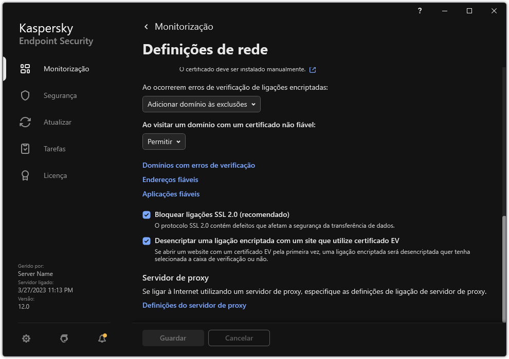 Janela de definições de rede da aplicação.