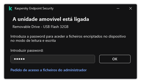 A janela contém um campo de entrada de password. O utilizador pode criar um pedido de acesso ao ficheiro.