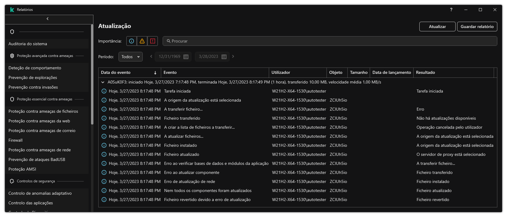 Uma janela com a lista de eventos no relatório. O utilizador pode filtrar/ordenar eventos e guardar relatórios num ficheiro.