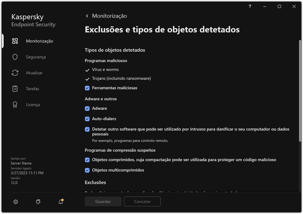 Janela de definições de exclusão. O utilizador pode selecionar tipos de objetos detetados e adicionar objetos às exclusões.