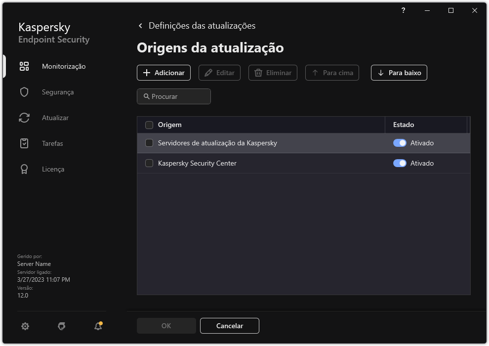 Uma janela com a lista das origens de atualização. O utilizador pode adicionar origens de atualização e atribuir uma prioridade à origem.
