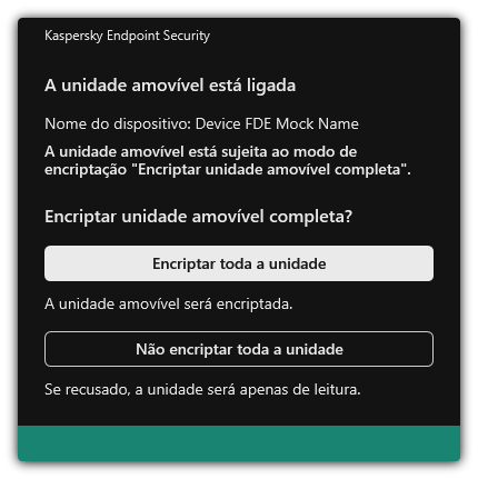 Notificação sobre uma unidade ligada com encriptação de ficheiro ativada. O utilizador pode encriptar ficheiros ou recusar.
