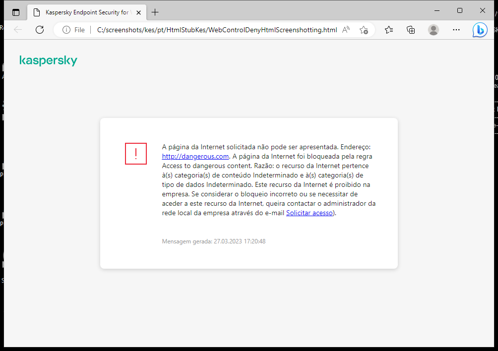 Notificação da Kaspersky sobre o bloqueio de acesso à página de Internet na janela do navegador. O utilizador pode criar um pedido para aceder ao recurso da web.