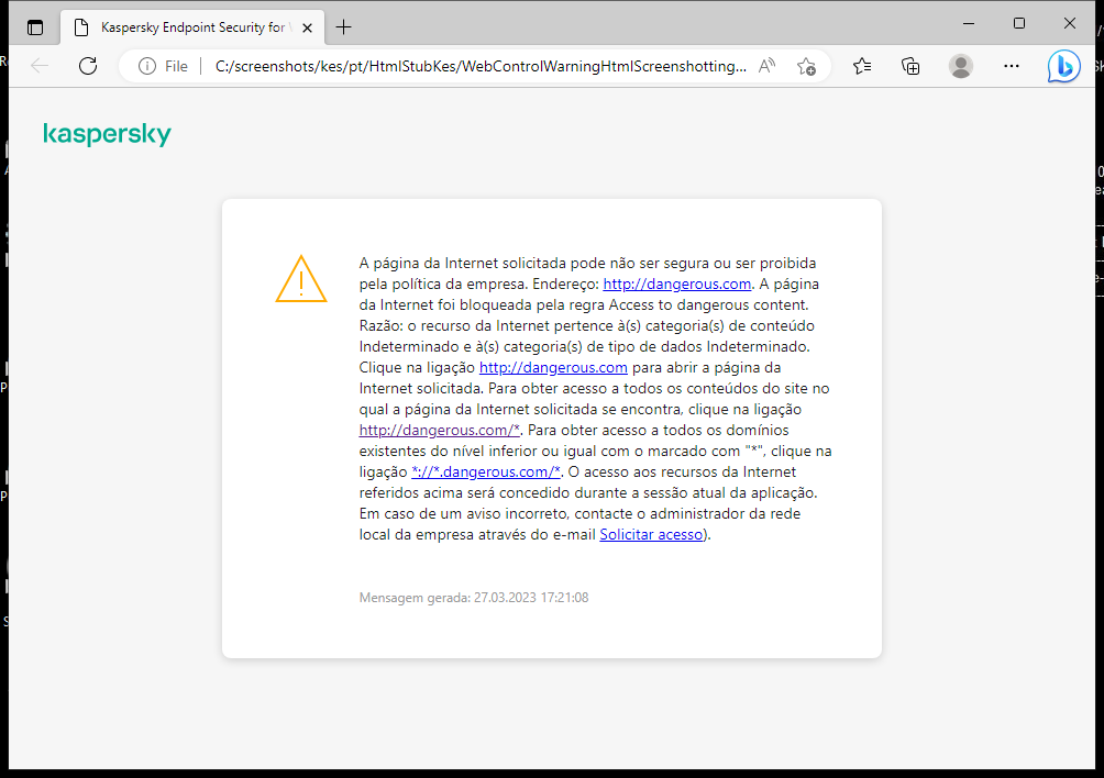 Notificação da Kaspersky sobre a visita a uma página de Internet possivelmente insegura na janela do navegador. O utilizador pode criar um pedido para aceder ao recurso da web.