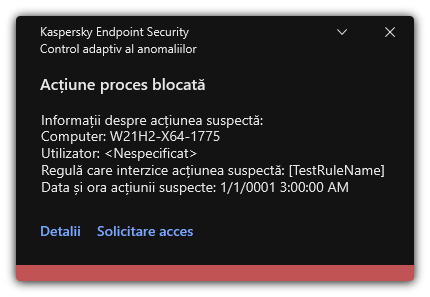 Notificare despre declanșarea unei reguli. Utilizatorul poate crea o solicitare pentru a permite o acțiune de proces.