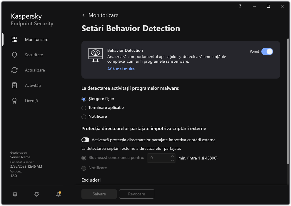 Fereastra de setări Behavior Detection.