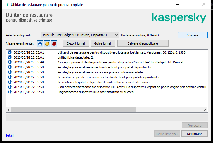 O fereastră cu lista evenimentelor utilitarului. Utilizatorul poate executa diagnosticarea și decripta dispozitivul selectat.
