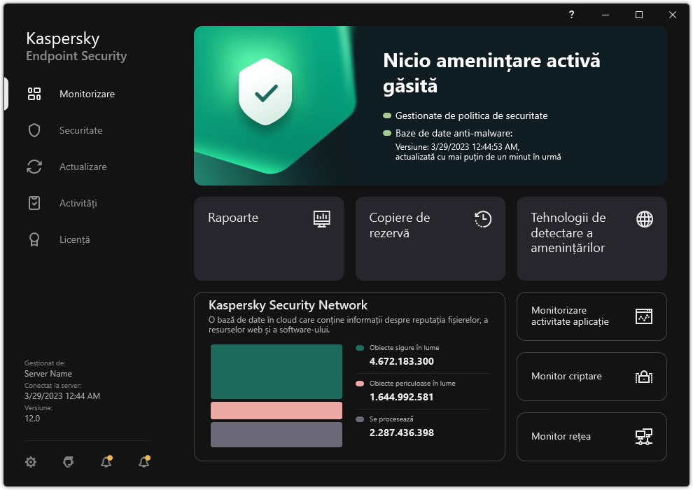 Fereastra principală a aplicației conține secțiuni pentru monitorizarea securității computerului și controlul aplicației.