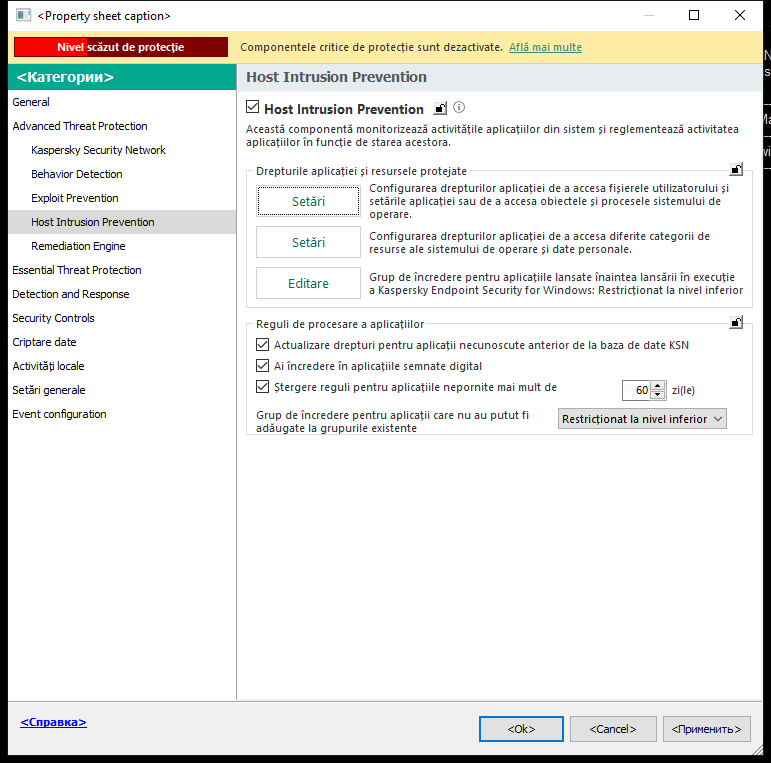Fereastra de setări Intrusion Prevention