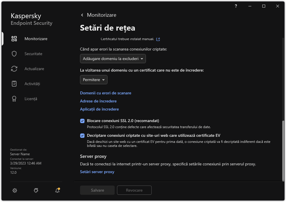 Fereastra Setări de rețea pentru aplicație.